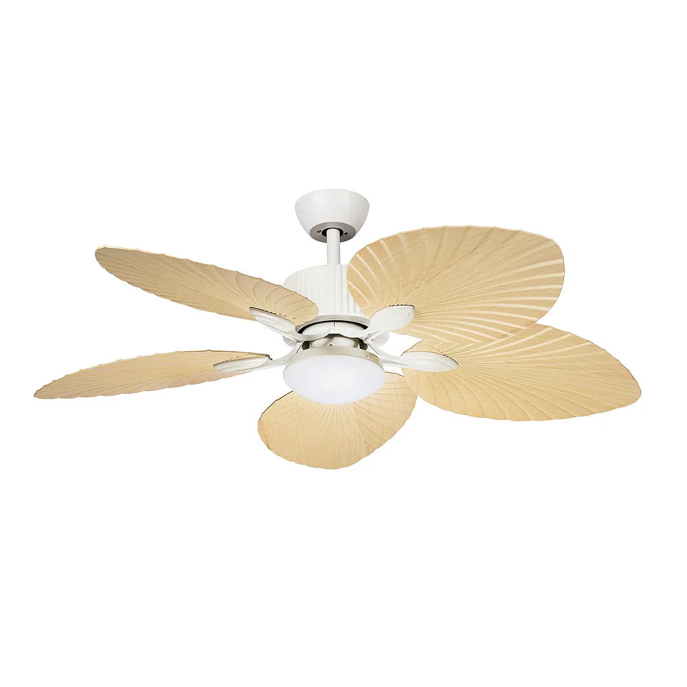 TORCAL, Ventilador de techo estilo tropical, color blanco y aspas color haya