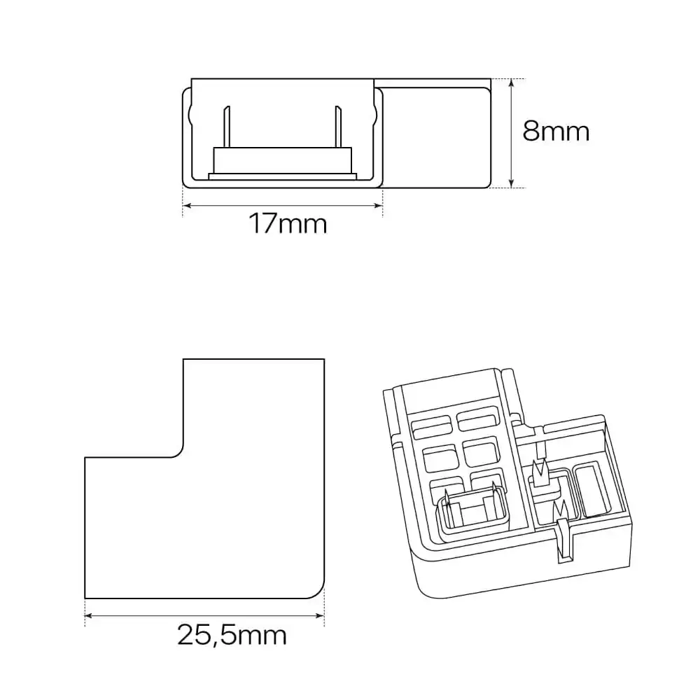 5551798, Conector en "L", ángulo plano, para conexión de tira led modelo LOTUS, directa a 230V