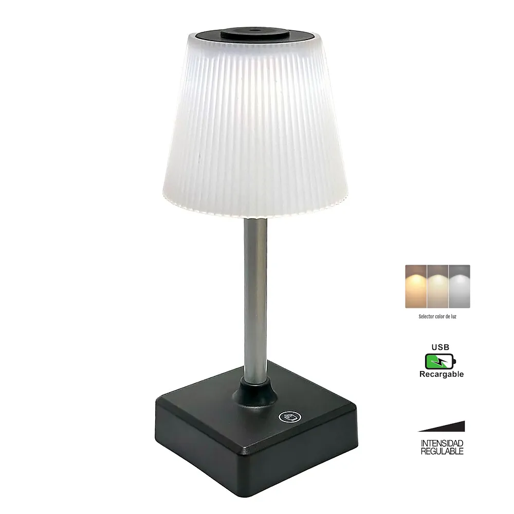 60.439, Lampara sobremesa recargable USB, dimmable, selector color de luz