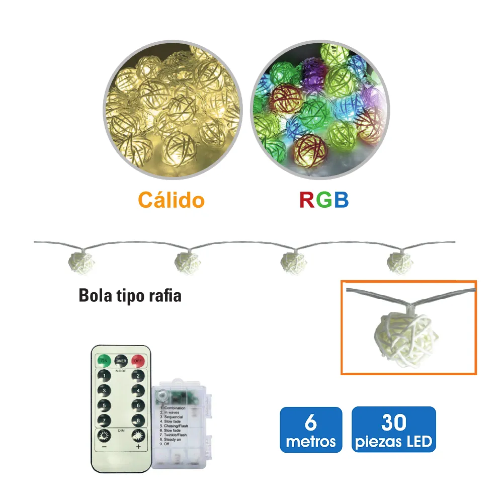 79.725/6, guirnalda Led decorativa, bolas de rafia, a pilas