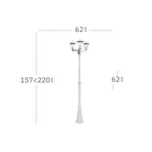 AURIGA, farola exterior aluminio, altura regulable, de 3 cabezas, dimensiones