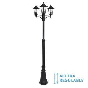 AURIGA, farola exterior aluminio, altura regulable, de 3 cabezas, color negro