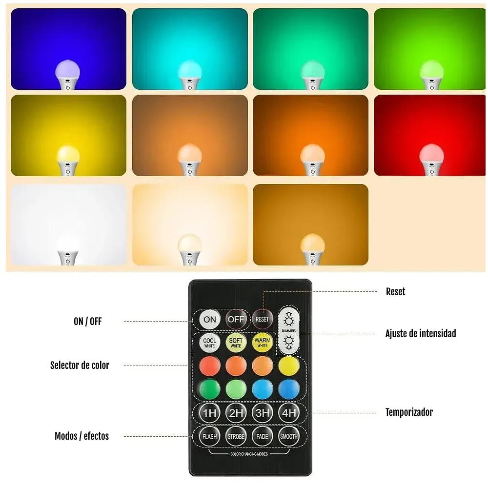 Bombilla led recargable USB, RGB, mando a distancia, táctil, detalle mando