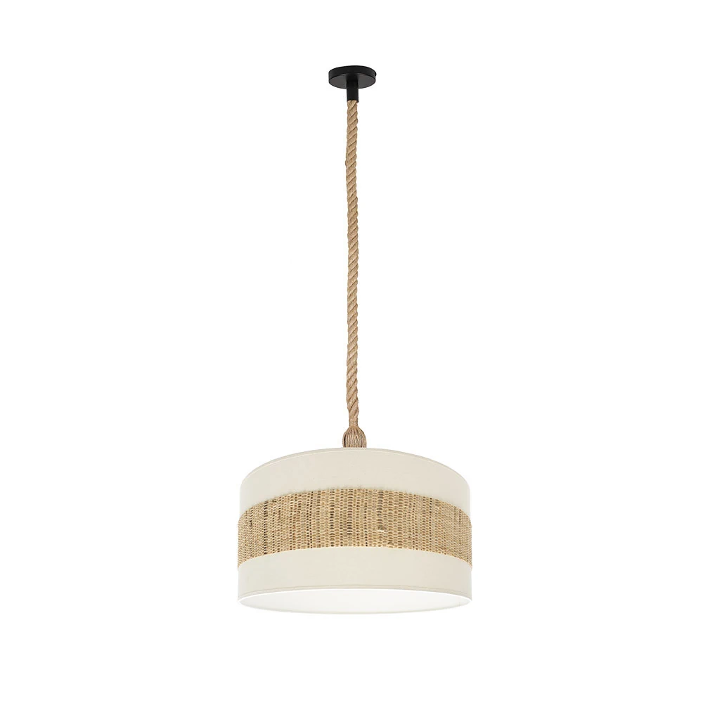 Nicaragua, lámpara colgante realizada con soga (cuerda) y pantalla lino blanco con adorno de cañizo natural, diámetro Ø50 cm