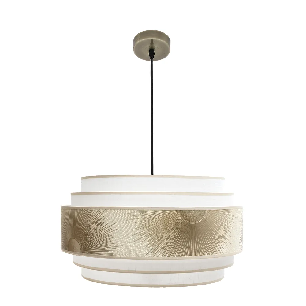 NEPAL, Lámpara colgante con pantalla lino blanco/dorado, colgante color cuero, diametro 50 cm