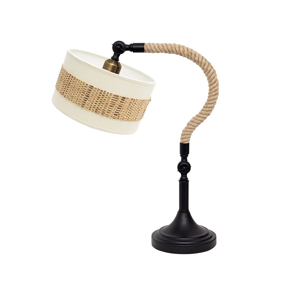 Nicaragua, lámpara sobremesa realizada con soga (cuerda) y pantalla lino blanco con adorno de cañizo natural
