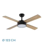NEVERY, Ventilador de techo con luz y aspas reversibles. Color negro y aspas reversibles roble/negro